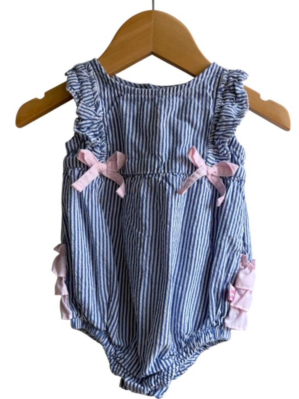 RuffleButts 3-6 months Classic Ruffle Romper Blue Seersucker